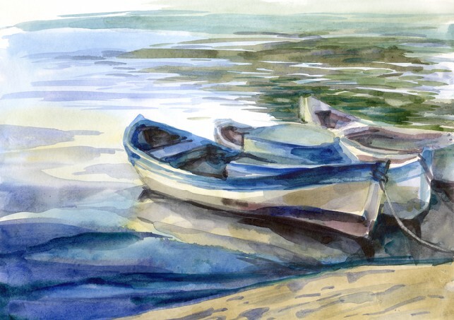 Watercolor seascape with boats and reflection